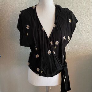 Madewell Black Floral Wrap Top